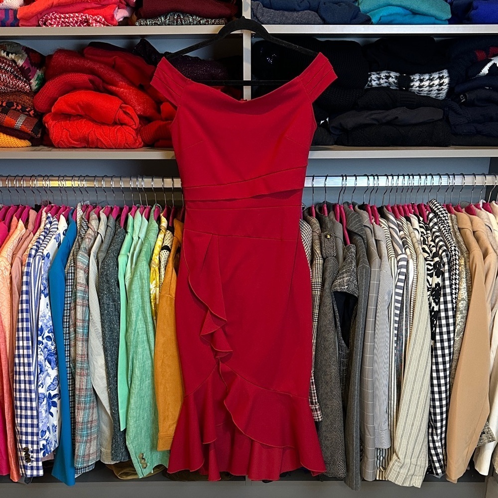 Unbranded red off the shoulder back zipper sleeveless ruffled midi  dress size S